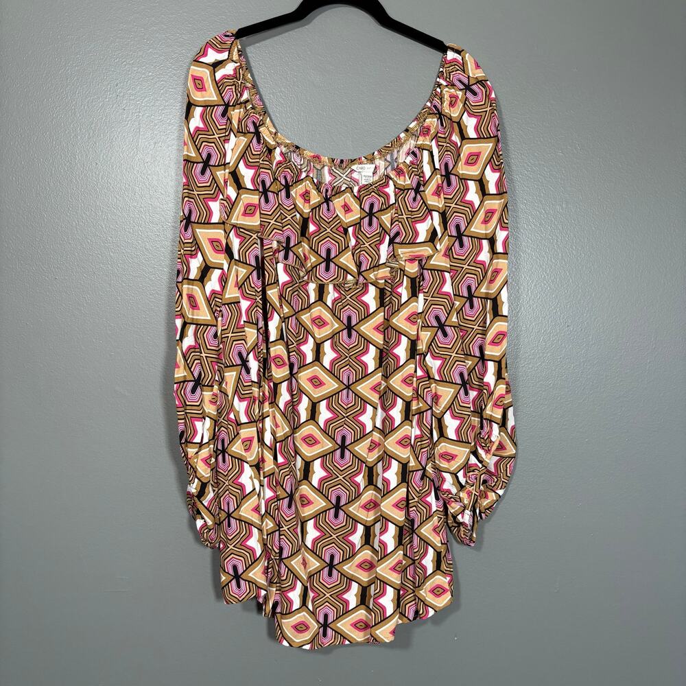 Cato Peasant Blouse Tan & Pink Geometric Boho Top - Women's Plus Size 26/28W
